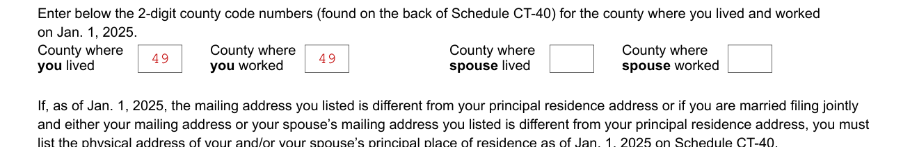 Form IT-40 example filled out, county codes and principal residence address