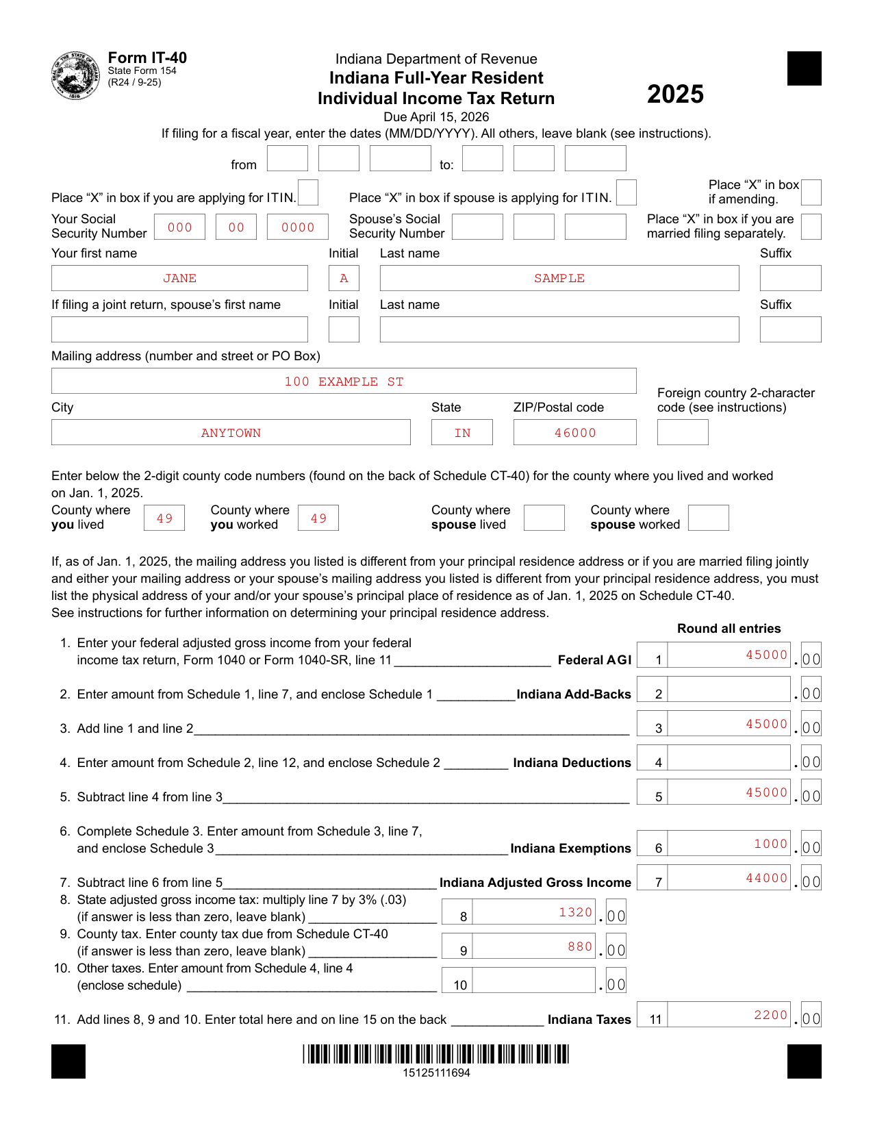 Form IT-40 example filled out, example: a single filer with an overpayment