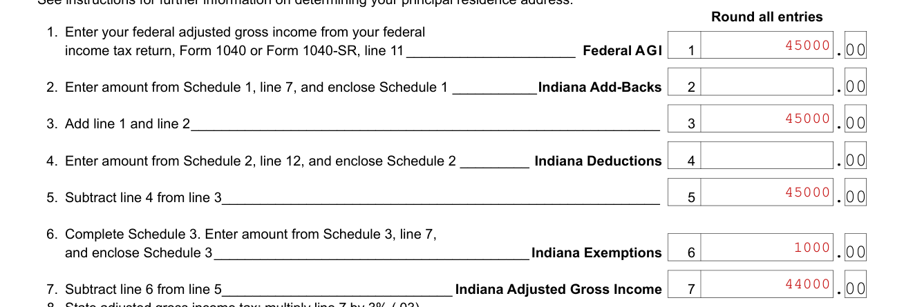 Form IT-40 example filled out, lines 1 to 7, Indiana Adjusted Gross Income