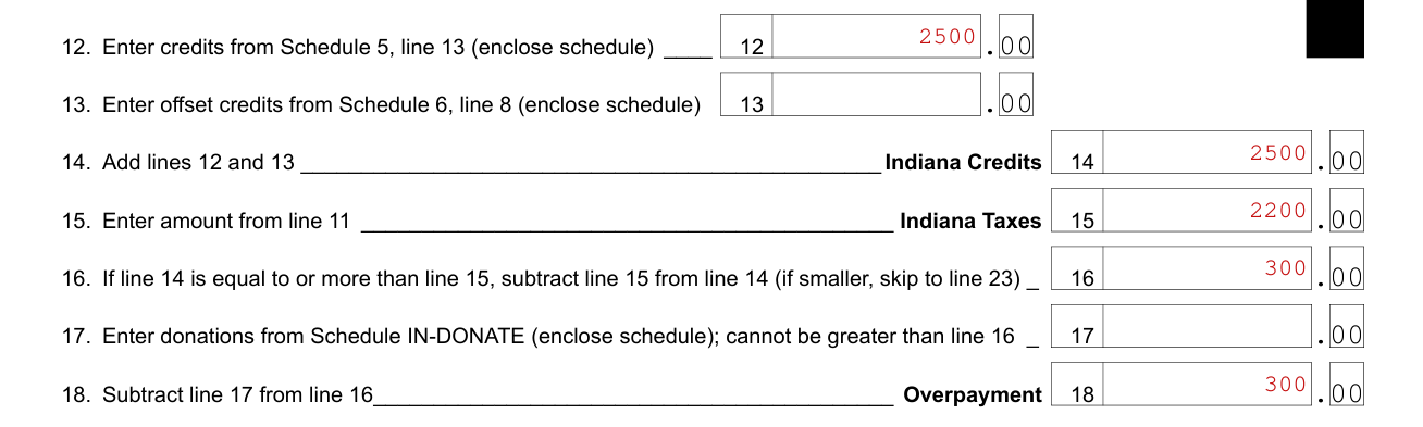 Form IT-40 example filled out, lines 12 to 18, Indiana Credits and Overpayment