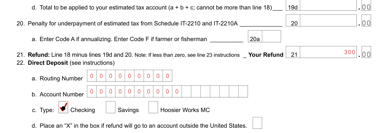 Form IT-40 example filled out, lines 20 to 22, penalty, Your Refund and Direct Deposit