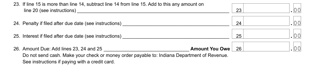 Form IT-40 example filled out, lines 23 to 26, Amount You Owe