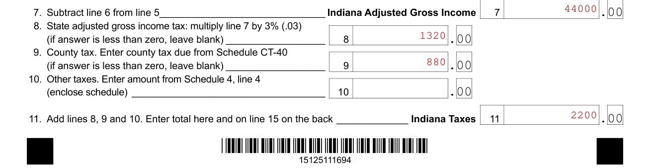 Form IT-40 example filled out, lines 8 to 11, Indiana Taxes