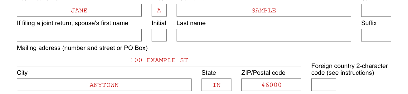 Form IT-40 example filled out, your name, spouse's name and mailing address