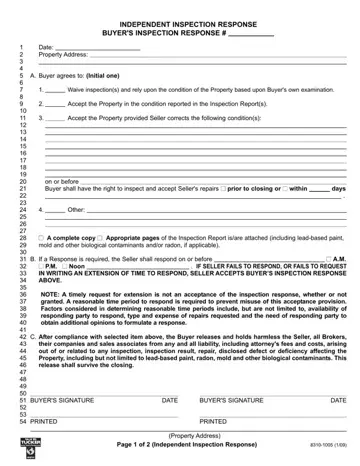 Indiana Inspection Response Form Preview