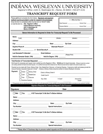 Indiana Transcript Request Form Preview