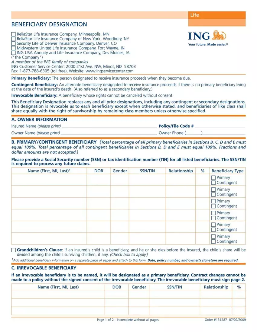 Ing Beneficiary first page preview