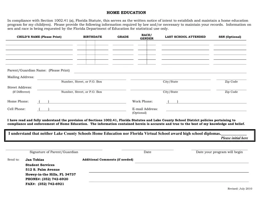 Intent To Homeschool Form Florida first page preview