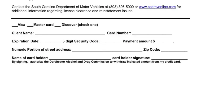 adsap instruction Individuals accepted into the, Contact the South Carolina, Visa Master card  Discover check, Client Name  Card Number, Expiration Date   digit Security, Numeric Portion of street address, and Name of card holder  card holder blanks to fill out