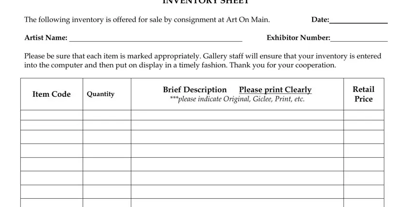 entering details in printable consignment inventory sheet step 1