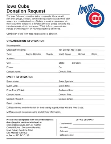 Iowa Cubs Donation Request Form Preview