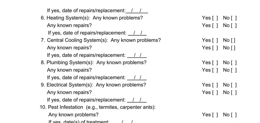 seller disclosure form iowa Anyknownrepairs, Ifyesdateofrepairsreplacement, YesNoYesNo, YesNoYesNo, YesNoYesNo, YesNoYesNo, and YesNo blanks to insert