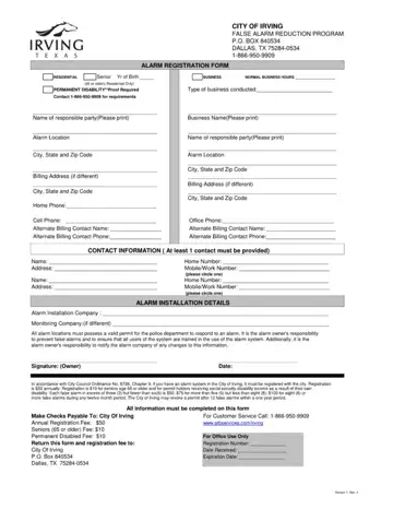 Irving Alarm Permit Form Preview