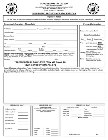 Irvington Open Public Records Act Request Form Preview