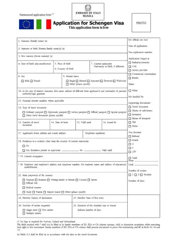 Italy Visa Application Form Sample Preview