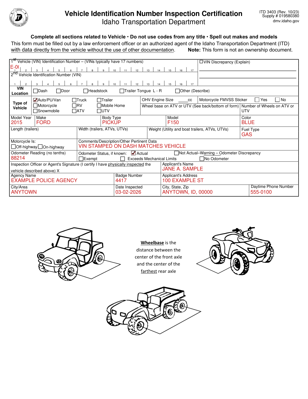 Form ITD 3403 example filled out, example: an officer inspects a pickup