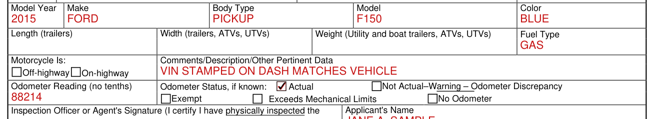 Form ITD 3403 example filled out, model Year Make Body Type Model Color Fuel Type