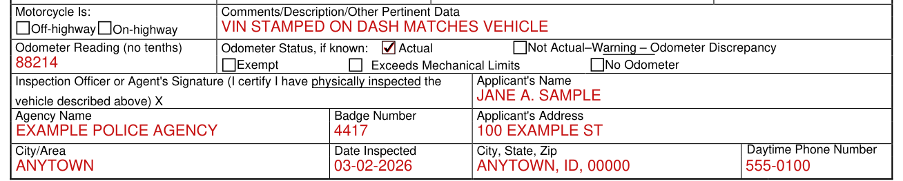 Form ITD 3403 example filled out, odometer, the applicant and the officer's signature