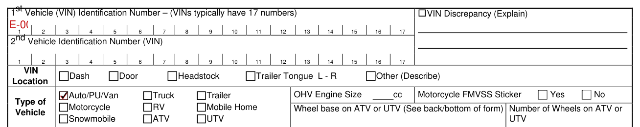 Form ITD 3403 example filled out, the VINs and the VIN location