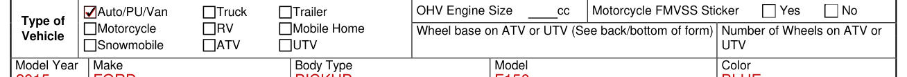 Form ITD 3403 example filled out, type of Vehicle