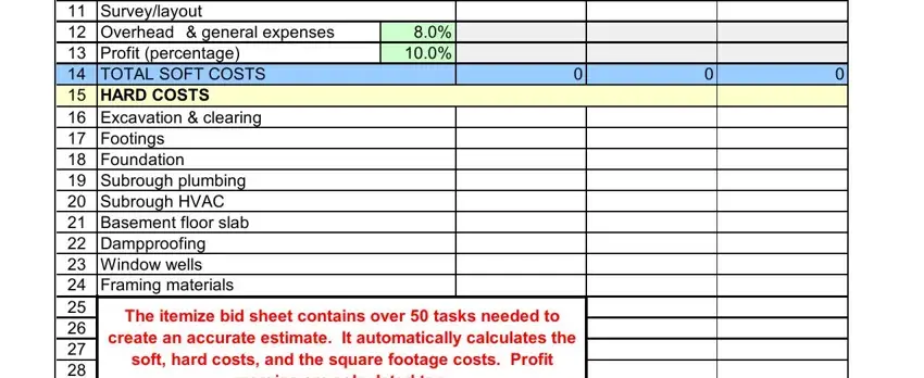 itemized bid template Excavation  clearing Footings, Task Items  SOFT COSTS, Basement floor slab Dampproofing, and The itemize bid sheet contains blanks to insert