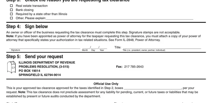 IL-2848 Step  Check the reason you are, Real estate transaction Bank, Step  Sign below An owner or, Title, Signature, Step  Send your request, ILLINOIS DEPARTMENT OF REVENUE, Month Day Year, Title ie president owner partner, Fax, This is your approved tax, Official Use Only, Clerk ID, and Signature fields to fill out