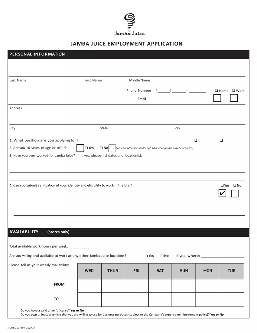 Jamba Juice Job Application first page preview