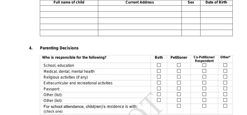 jdf 1113 Fullnameofchild, CurrentAddress, Sex, DateofBirth, ParentingDecisions, Whoisresponsibleforthefollowing, Schooleducation, Medicaldentalmentalhealth, Religiousactivitiesifany, Passport, Otherlist, Otherlist, Both, Petitioner, and CoPetitionerRespondent blanks to fill