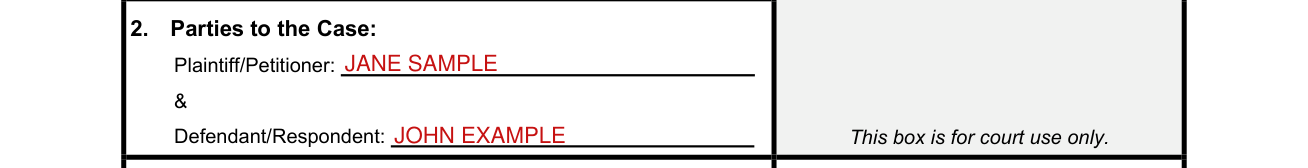 JDF 76 example filled out, box 2, Parties to the Case