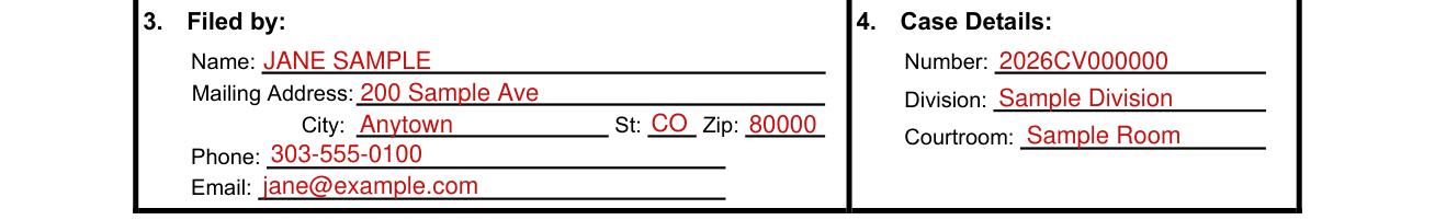 JDF 76 example filled out, box 4, Case Details