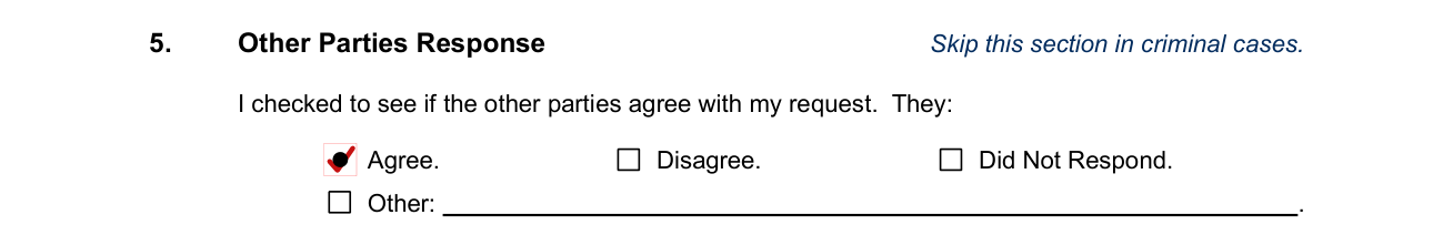 JDF 76 example filled out, box 5, Other Parties Response