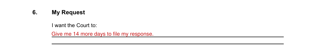 JDF 76 example filled out, box 6, My Request