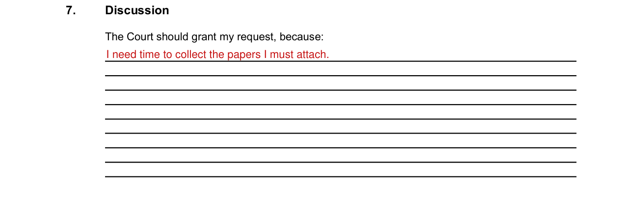 JDF 76 example filled out, box 7, Discussion