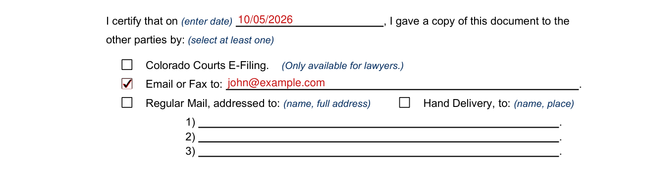 JDF 76 example filled out, box 8, Certificate of Service