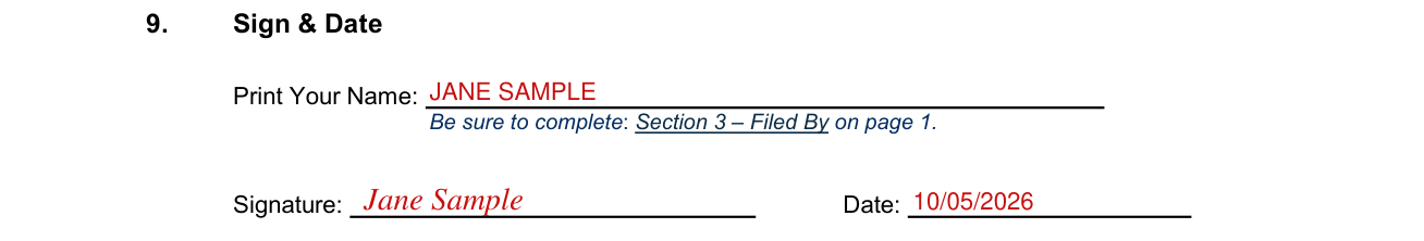 JDF 76 example filled out, box 9, Sign & Date