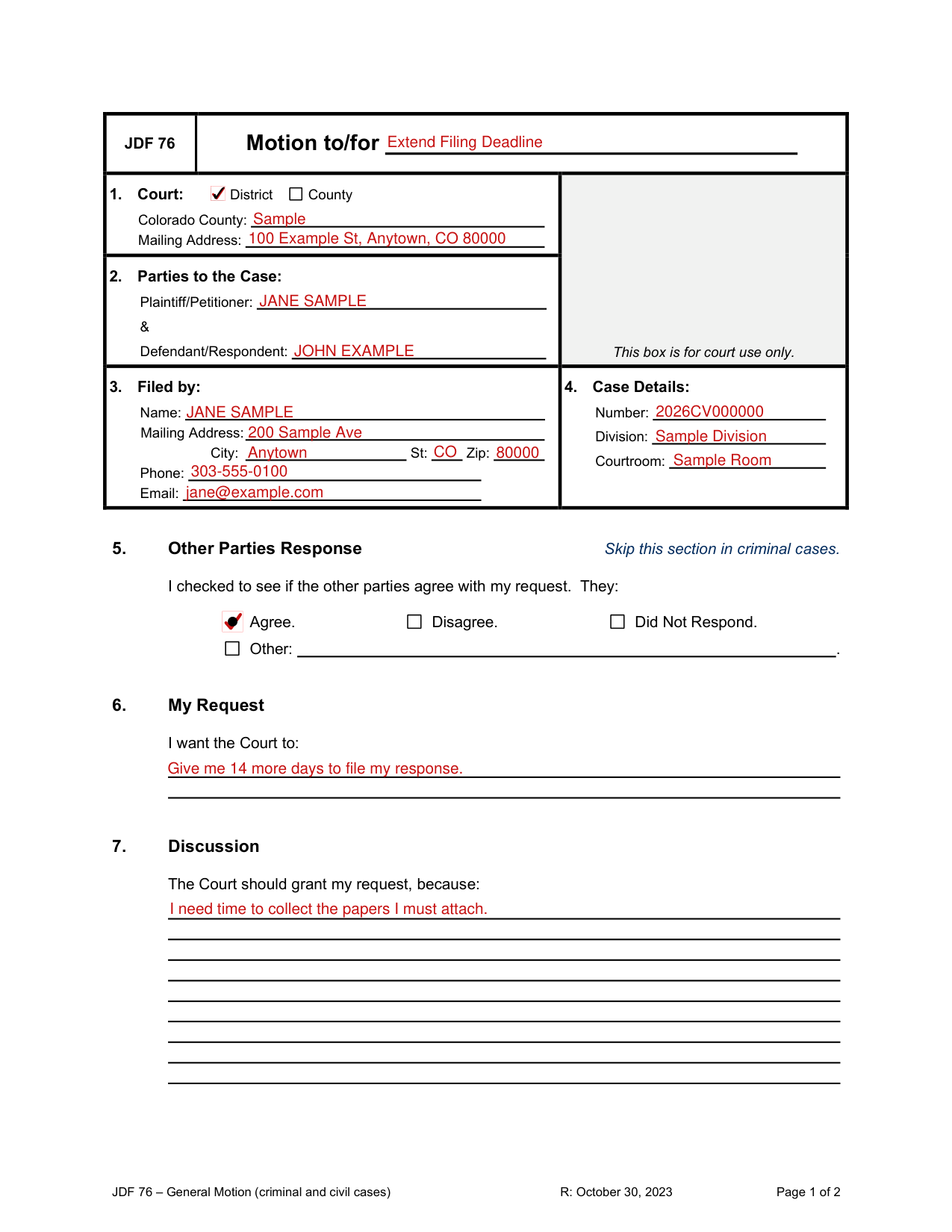 JDF 76 example filled out, example: a motion in a civil case, served by email