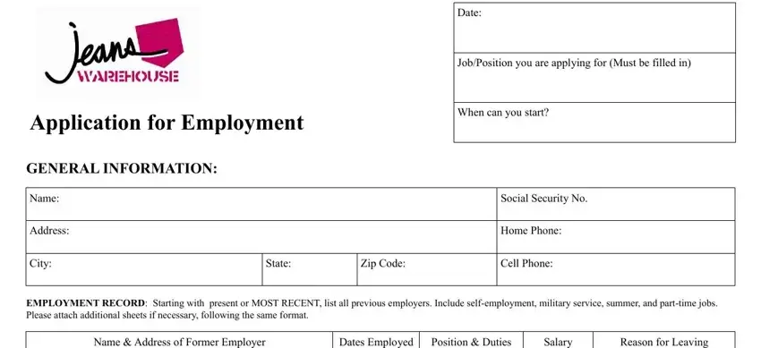 jeans warehouse application form gaps to fill in