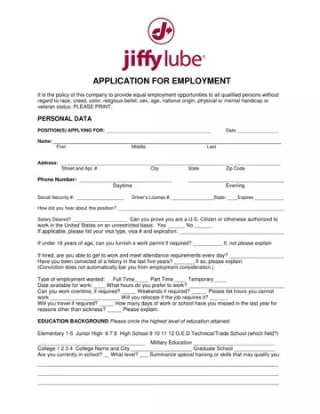 Jiffy Lube Job Application Preview