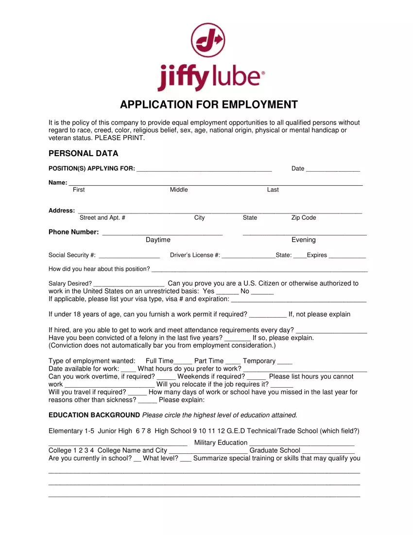 Jiffy Lube Job Application first page preview
