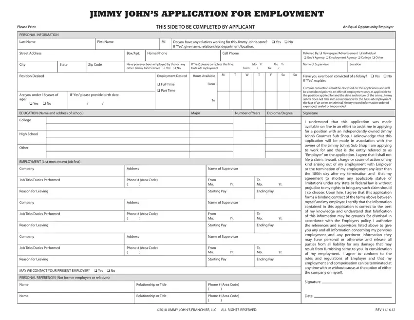 Jimmy John Job Application first page preview