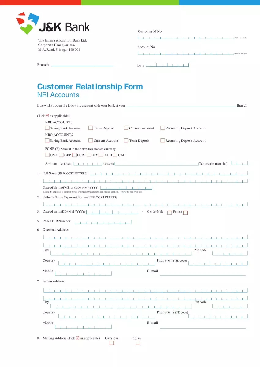 Jk Bank Customer Relationship Form first page preview