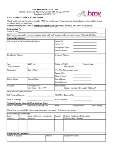 Job Application Form Singapore Preview