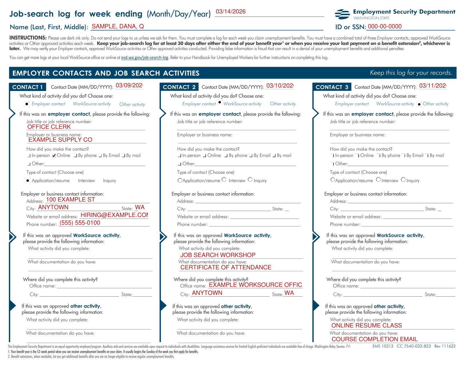 EMS 10313 example filled out, example: a week with three contacts