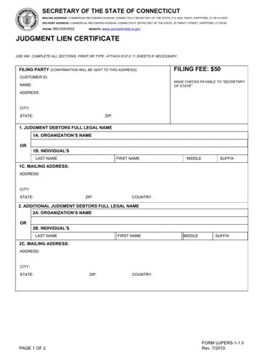 Judgment Lien Certificate Connecticut Form Preview
