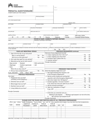 Kaiser Prenatal Questionnaire Form Preview