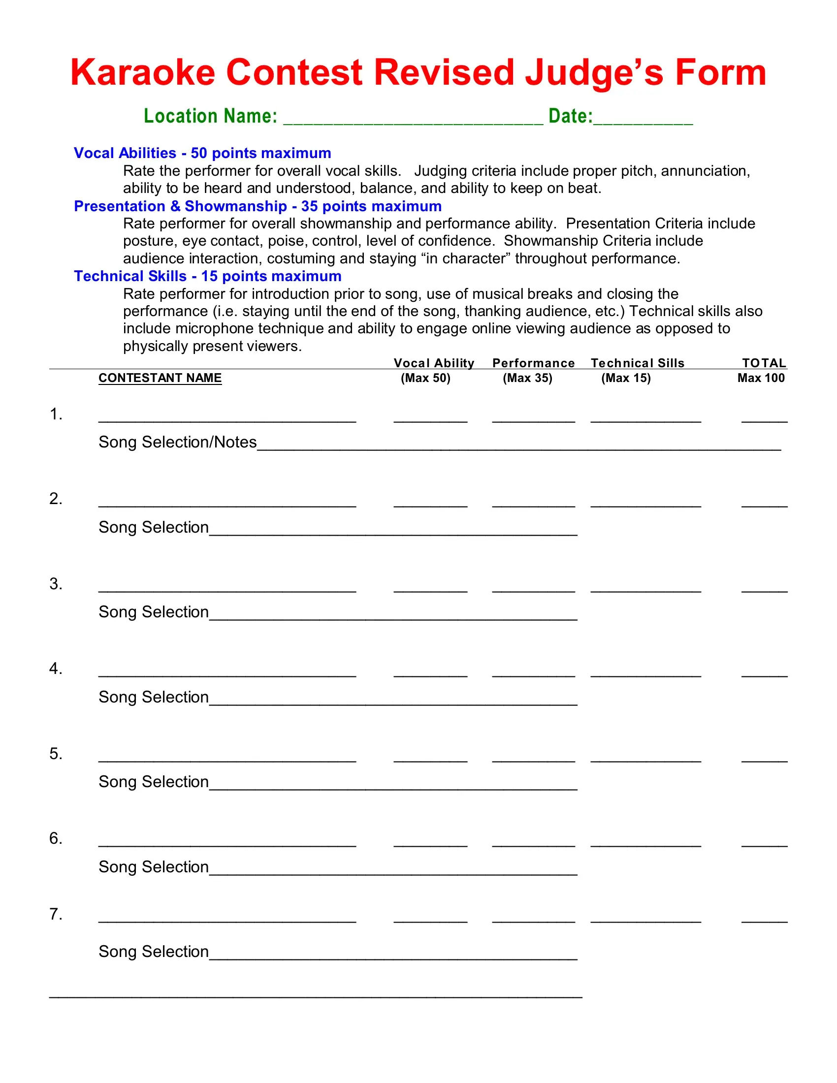 Karaoke Contest Judging Sheet PDF Form FormsPal