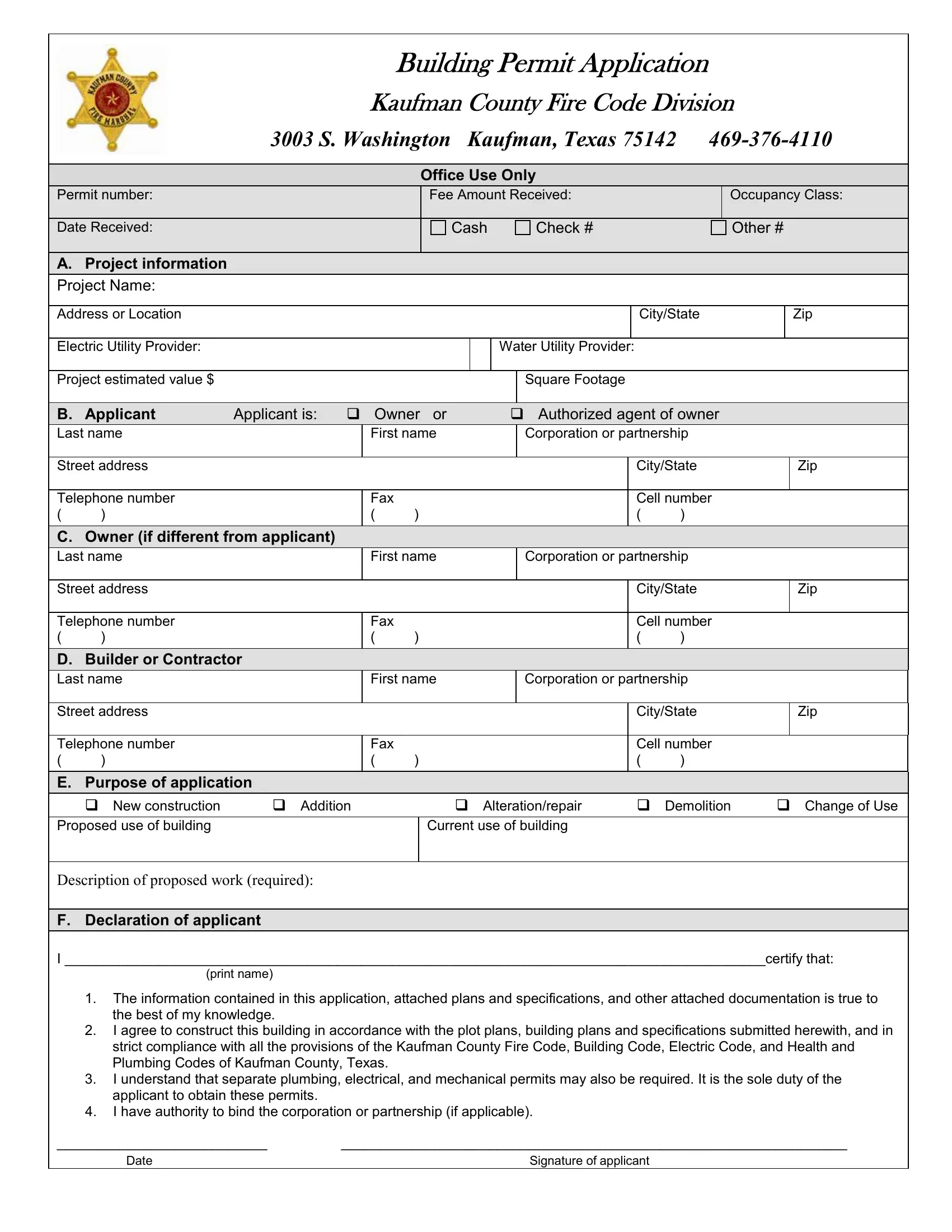 Kaufman Building Permit Form ≡ Fill Out Printable PDF Forms Online