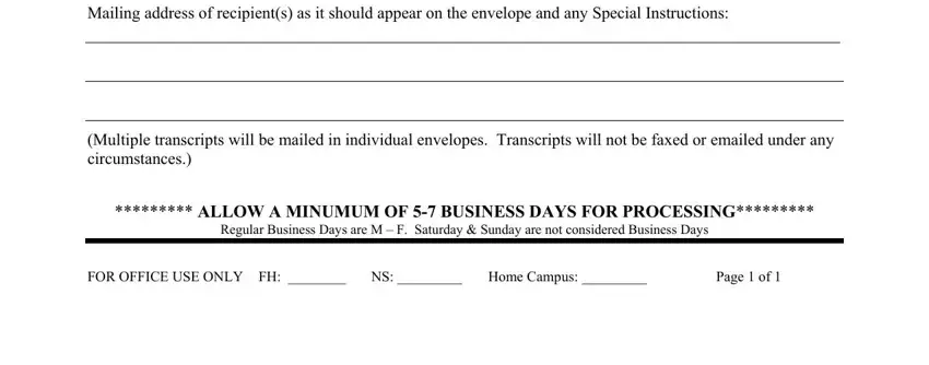 Mailing address of recipients as, Multiple transcripts will be, ALLOW A MINUMUM OF  BUSINESS DAYS, FOR OFFICE USE ONLY FH  NS  Home, and Page  of in how can i get transcripts from keller graduate school of management