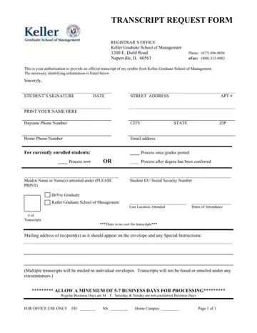 Keller Transcript Request Form Preview