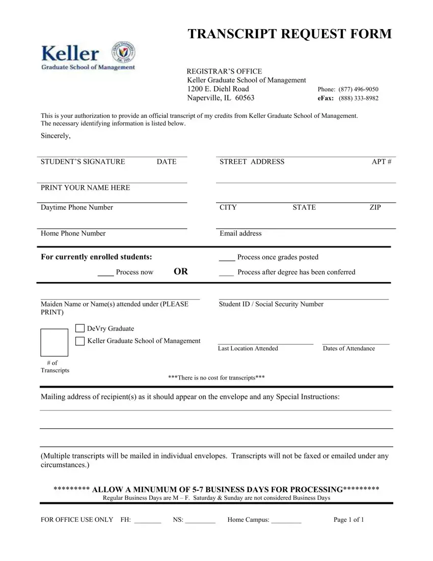 Keller Transcript Request Form first page preview